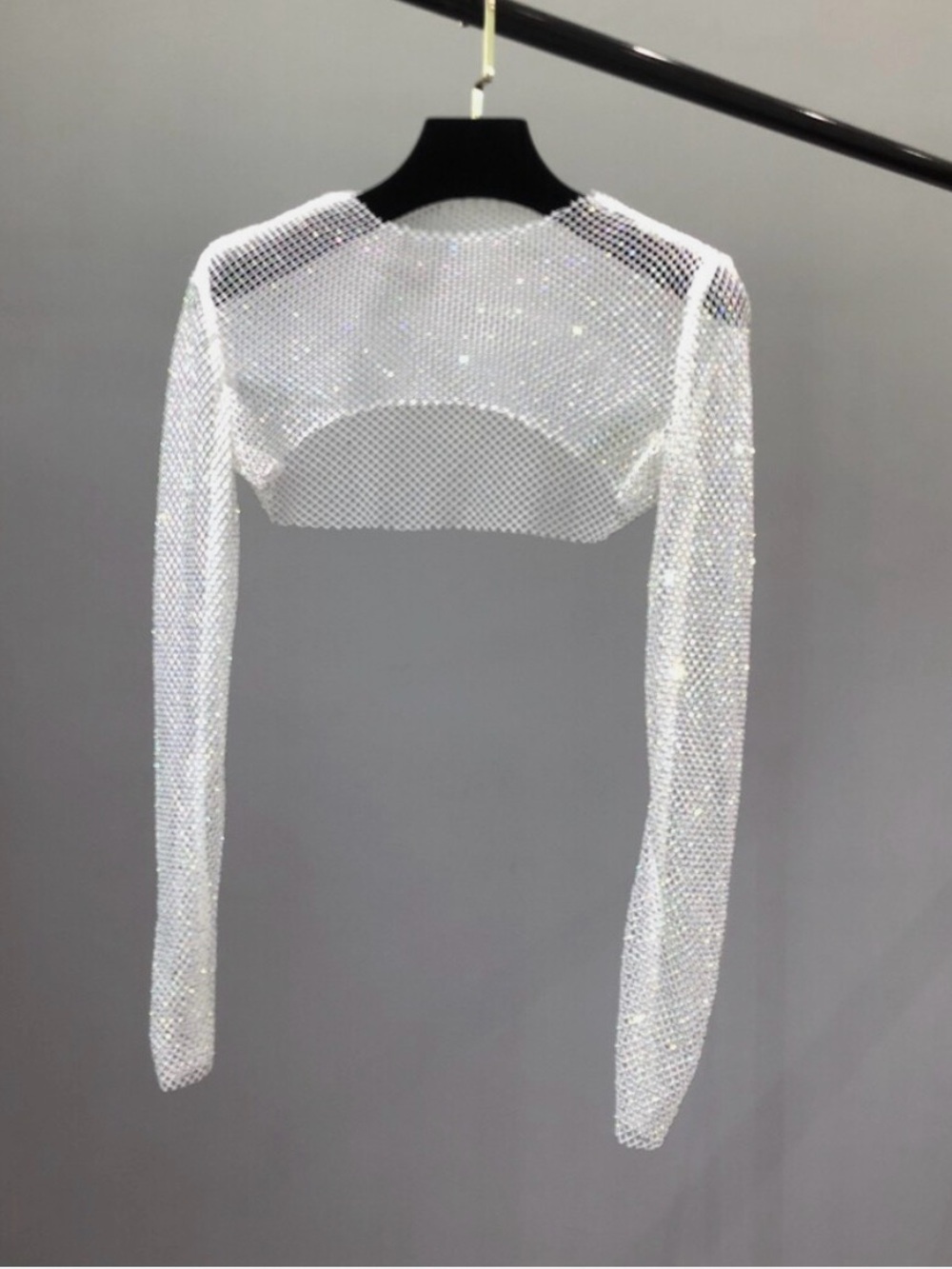 Sparkling Rhinestone White Mesh Cropped Long-Sleeve Top